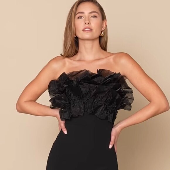 Lulus Women's Evening Excellence Black Ruffled Strapless Mermaid Maxi Dress Sz L - Picture 9 of 9